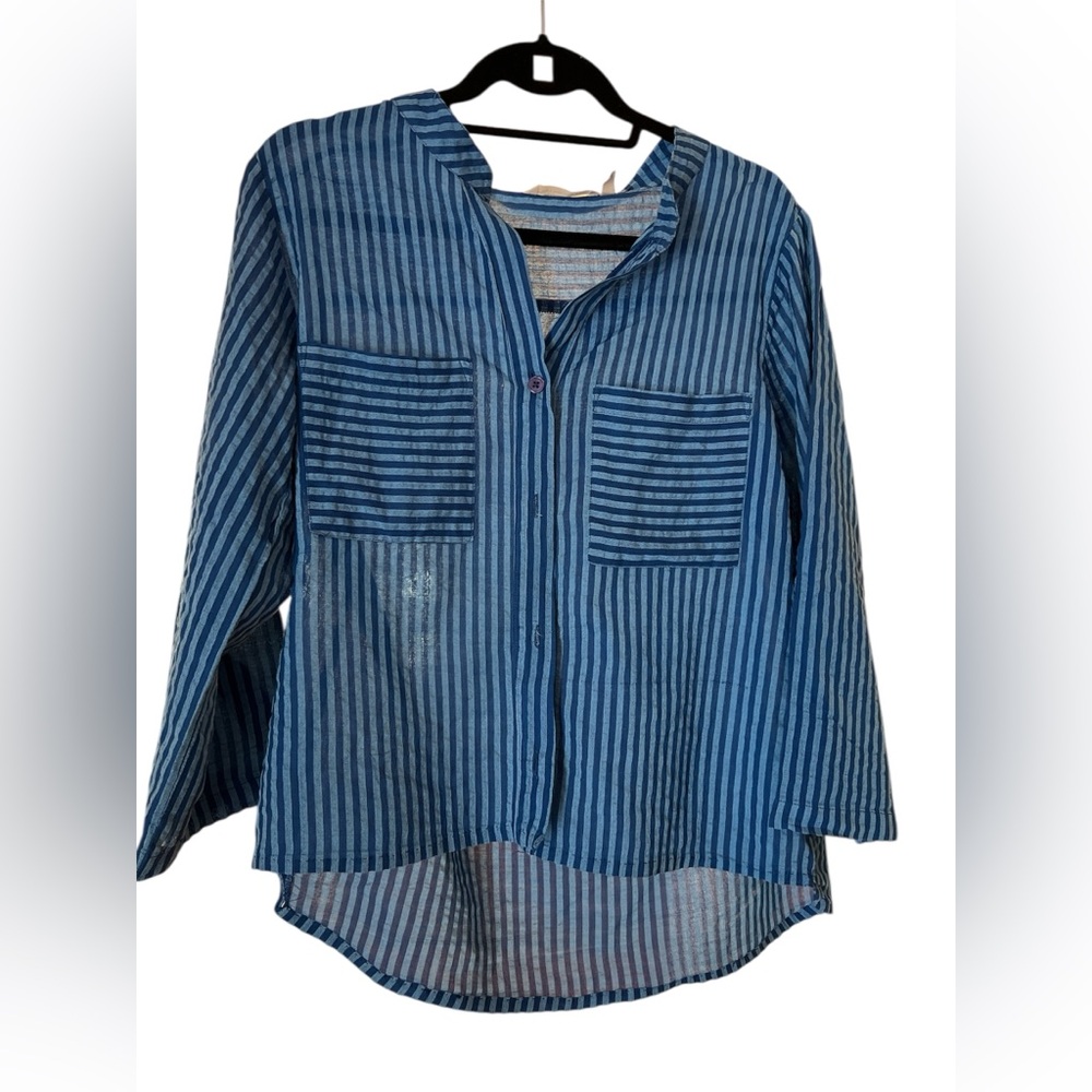 Soft Surroundings Blue Striped Popover Blouse High Low Tunic XS Coastal Grandma